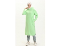 Atlas Kaponlu Uzun Sade Basic Sweatshirt - 03007 - Ak Yeil