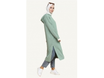 Atlas Kaponlu Uzun Sade Basic Sweatshirt - 03007 - ala Yeili