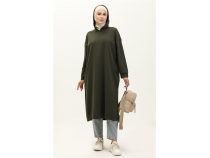 Atlas Kaponlu Uzun Sade Basic Sweatshirt - 03007 - Haki