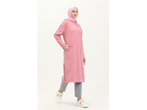 Atlas Kaponlu Uzun Sade Basic Sweatshirt - 03007 - Pembe