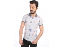 Beyaz Polo Yaka Yelken Desenli T-Shirt