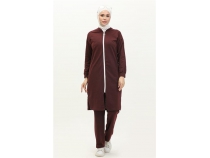 Bisiklet Yaka Fermuarl Uzun Tunik Sade Basic Spor Takm - 03044 - Bordo