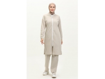 Bisiklet Yaka Fermuarl Uzun Tunik Sade Basic Spor Takm - 03044 - Ekru