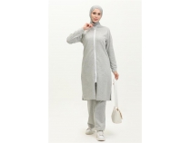 Bisiklet Yaka Fermuarl Uzun Tunik Sade Basic Spor Takm - 03044 - Gri