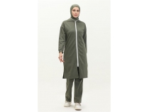 Bisiklet Yaka Fermuarl Uzun Tunik Sade Basic Spor Takm - 03044 - Haki