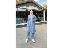 Bisiklet Yaka Fermuarl Uzun Tunik Sade Basic Spor Takm - 03044 - ndigo