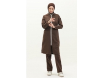 Bisiklet Yaka Fermuarl Uzun Tunik Sade Basic Spor Takm - 03044 - Kahverengi