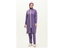 Bisiklet Yaka Fermuarl Uzun Tunik Sade Basic Spor Takm - 03044 - Koyu Lila