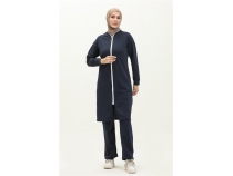 Bisiklet Yaka Fermuarl Uzun Tunik Sade Basic Spor Takm - 03044 - Lacivert