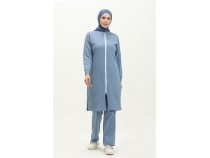 Bisiklet Yaka Fermuarl Uzun Tunik Sade Basic Spor Takm - 03044 - Mavi