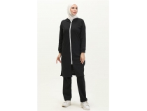 Bisiklet Yaka Fermuarl Uzun Tunik Sade Basic Spor Takm - 03044 - Siyah