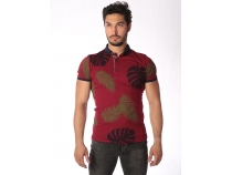 Bordo Polo Yaka Desenli T-Shirt