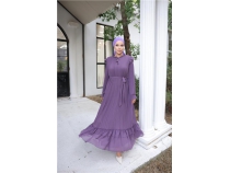 Boyun ve Belden Backll Sade Uzun ifon Elbise - 50015 - Mor