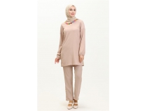 Candy Kolye Detayl Tunik Pantolon kili Takm - 71136 - Bej