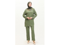 Candy Kolye Detayl Tunik Pantolon kili Takm - 71136 - Haki