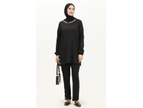 Candy Kolye Detayl Tunik Pantolon kili Takm - 71136 - Siyah