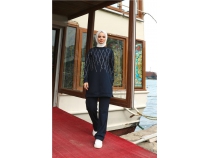 arpraz Ta Desenli O Yaka kili Tesettr Eofman Takm - 71185 - Lacivert