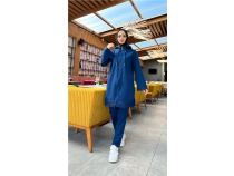 Fermuarl Kaponlu Dantel Desenli Tunik Pantolon kili Spor Takm - 71158 - ndigo