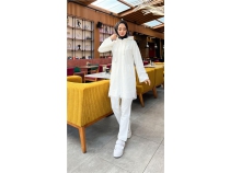Fermuarl Kaponlu Dantel Desenli Tunik Pantolon kili Spor Takm - 71158 - Krem