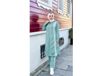 Fermuarl Kaponlu Uzun Tunik Pantolon kili Tesettr Eofman Takm - 03077 - ala Yeili