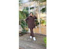 Kaponlu tt Detayl Ksa Sweat Pantolon kili Tesettr Eofman Takm - 03079 - Kahverengi