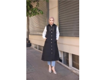 Kaponlu ttl Kolsuz Cepli Uzun Kapitone Yelek - 71195 - Siyah