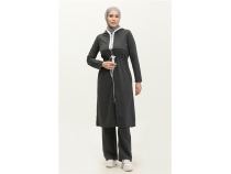 Kaponlu Fermuarl Belden Beyaz Backl Sade Basic kili Spor Takm - 03074 - Antrasit