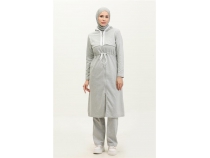 Kaponlu Fermuarl Belden Beyaz Backl Sade Basic kili Spor Takm - 03074 - Gri
