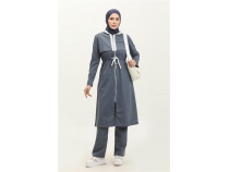 Kaponlu Fermuarl Belden Beyaz Backl Sade Basic kili Spor Takm - 03074 - ndigo