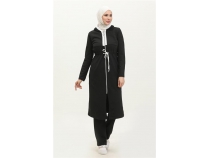 Kaponlu Fermuarl Belden Beyaz Backl Sade Basic kili Spor Takm - 03074 - Siyah