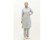 Kaponlu Fermuarl Yrtmal Uzun Sweat Pantolon Spor kili Takm - 03055 - Gri