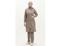 Kaponlu Fermuarl Yrtmal Uzun Sweat Pantolon Spor kili Takm - 03055 - Vizon