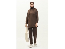 Kaponlu O Yaka Sade Basic kili Eofman Spor Takm - 03039 - Kahverengi