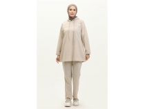 Kaponlu Sweat Eofman Sade Basic Spor Takm - 03056 - Ekru