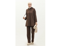 Kaponlu Sweat Eofman Sade Basic Spor Takm - 03056 - Kahverengi
