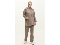 Kaponlu Sweat Eofman Sade Basic Spor Takm - 03056 - Vizon