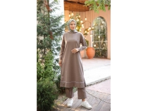 Kaponlu Uzun Sweat Pantolon kili Tesettr Eofman Takm - 03082.016 - Vizon