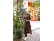Kaponlu Uzun Sweat Pantolon kili Tesettr Eofman Takm - 03082.028 - Kahverengi