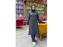 Kaponlu Yandat ttl Sade Basic Uzun Tunik ve Pantolon kili Spor Takm - 03071 - Antrasit
