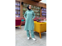 Kaponlu Yandat ttl Sade Basic Uzun Tunik ve Pantolon kili Spor Takm - 03071 - ala Yeili