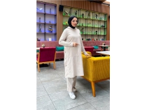 Kaponlu Yandat ttl Sade Basic Uzun Tunik ve Pantolon kili Spor Takm - 03071 - Ekru