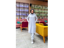 Kaponlu Yandat ttl Sade Basic Uzun Tunik ve Pantolon kili Spor Takm - 03071 - Gri