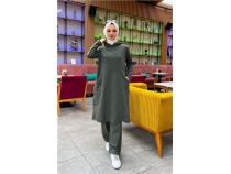 Kaponlu Yandat ttl Sade Basic Uzun Tunik ve Pantolon kili Spor Takm - 03071 - Haki