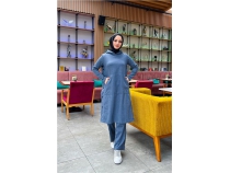 Kaponlu Yandat ttl Sade Basic Uzun Tunik ve Pantolon kili Spor Takm - 03071 - ndigo