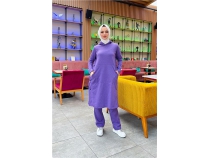 Kaponlu Yandat ttl Sade Basic Uzun Tunik ve Pantolon kili Spor Takm - 03071 - Koyu Lila