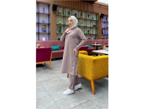 Kaponlu Yandat ttl Sade Basic Uzun Tunik ve Pantolon kili Spor Takm - 03071 - Vizon