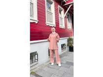 Kaponlu Yanlardan ttl Ksa Sweat Pantolon kili Tesettr Eofman Takm - 71172 - Pudra