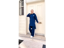 Kaponlu Yrtmac Back Detayl Pamuklu Tesettr Eofman Takm - 71168 - ndigo