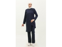 Kruvaze Bisiklet Yaka Sade Basic Tunik PanolonkiliTakm - 03076 - Ak Lacivert