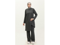 Kruvaze Bisiklet Yaka Sade Basic Tunik PanolonkiliTakm - 03076 - Antrasit